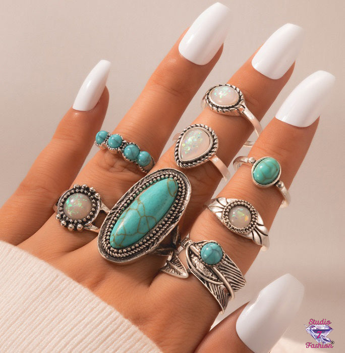 8 piece Opalescent Moonstone and Turquoise Knuckle Ring set