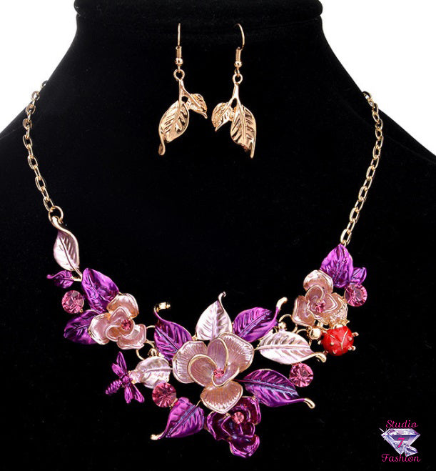 Fabulous Statement Floral Necklace Earrings Purple