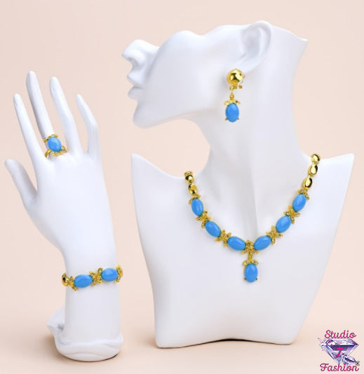 5pc Sky Blue Gold Set Necklace Earring Bracelet Ring