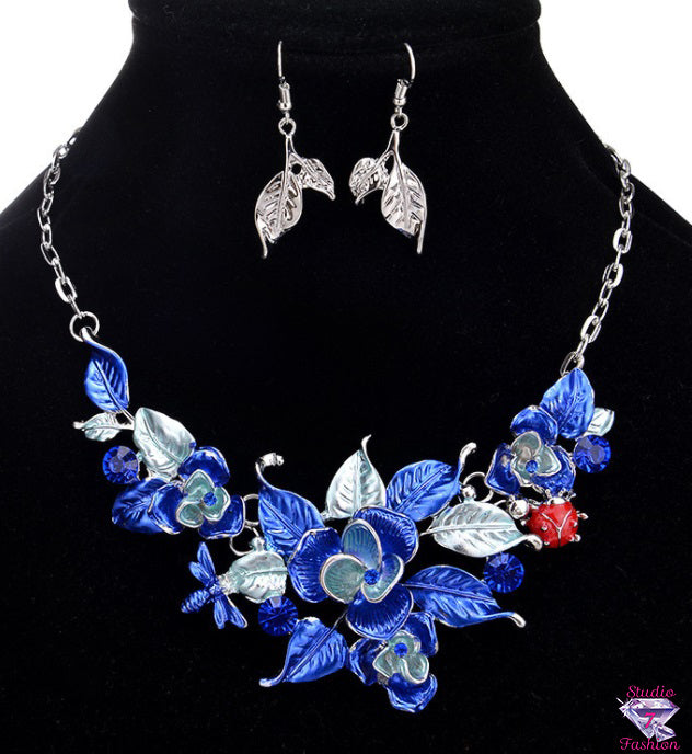 Fabulous Statement Floral Necklace Earrings Blue