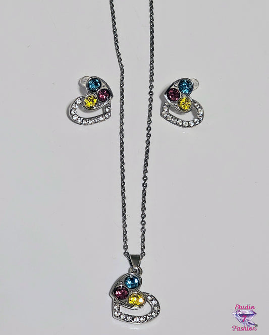 Multicolor Rhinestone Double Hearts Necklace Earring Set