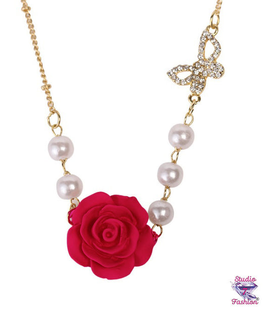 Butterfly Pearls and Rose Necklace Pink