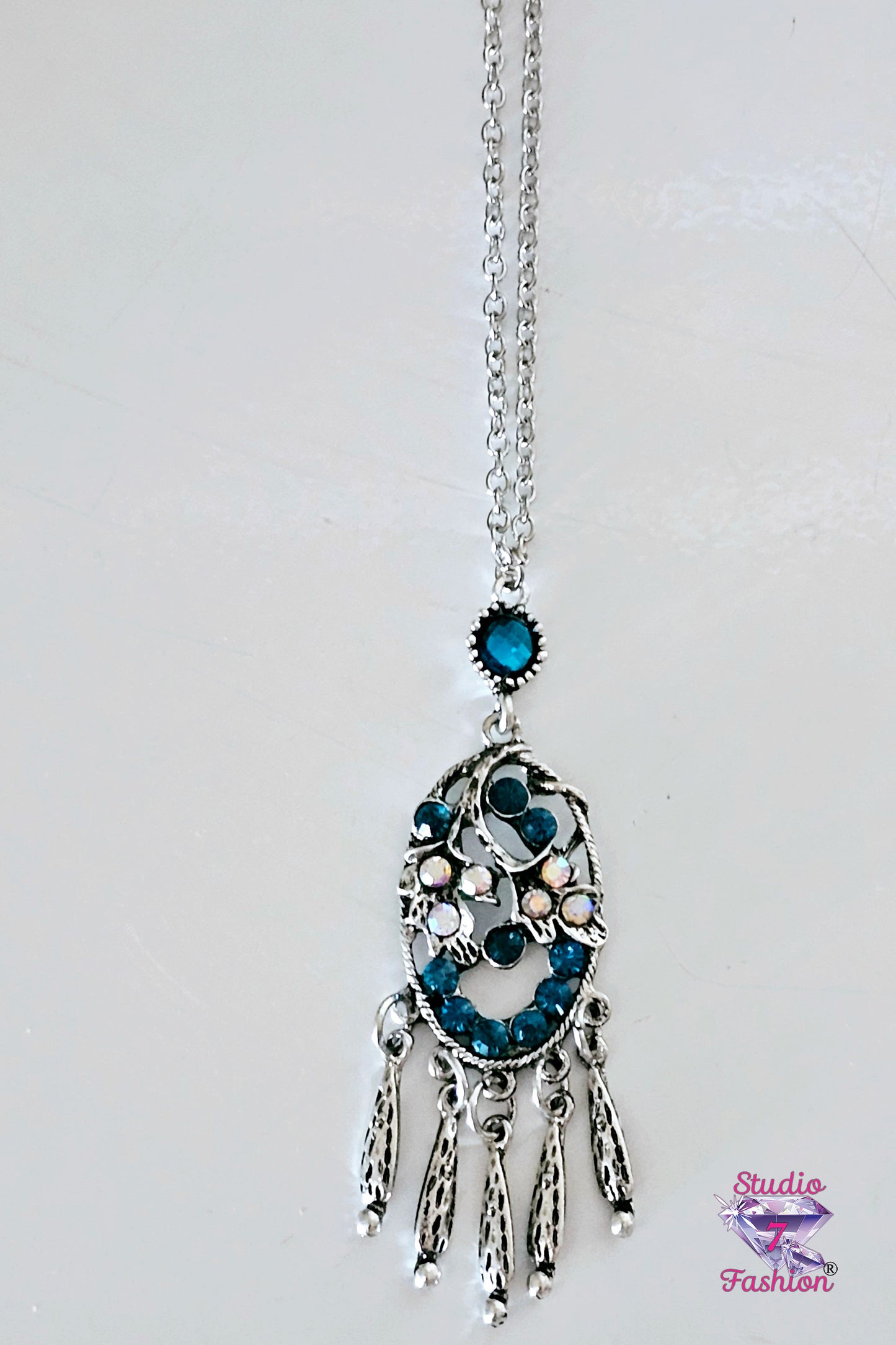 Cobalt Floral Rhinestone Dangle Necklace