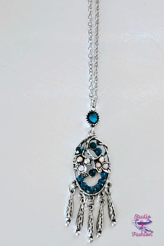 Cobalt Floral Rhinestone Dangle Necklace