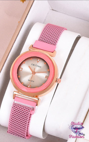 Elegant Pink/Gold Woven Watch