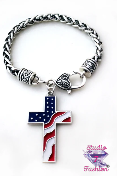 American Flag Cross Twisted Chain Bracelet