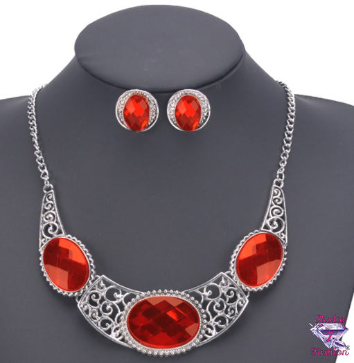 Filigree Ruby Necklace Earring Set