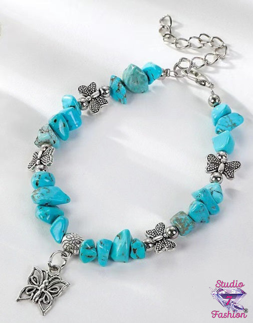 Turquoise Stone Bracelet with Butterflies