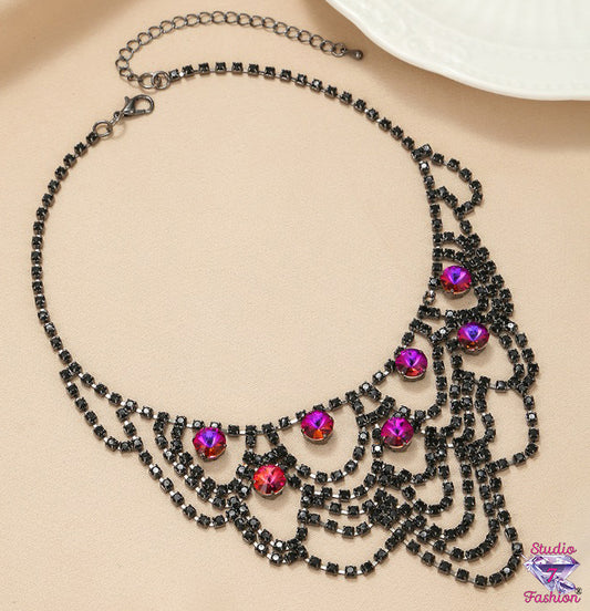 Fabulous Ebony Rhinestone and Iridescent/Purple Necklace