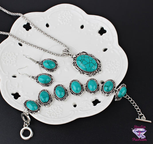 Turquoise Necklace Earring Bracelet Set