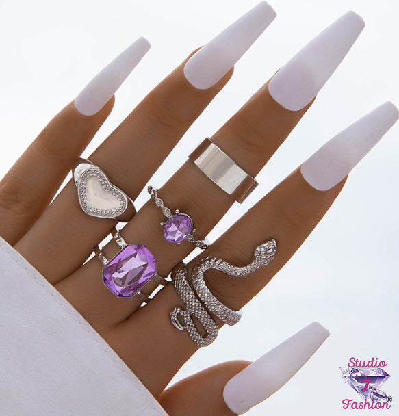 Amethyst Heart Snake knuckle Ring Set