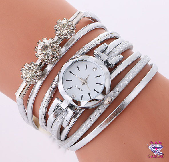 Metallic Silver Rhinestone Wrap Watch