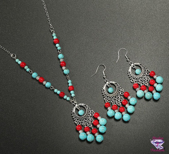 Turquoise/Red Filigree Beaded Necklace Earring Set