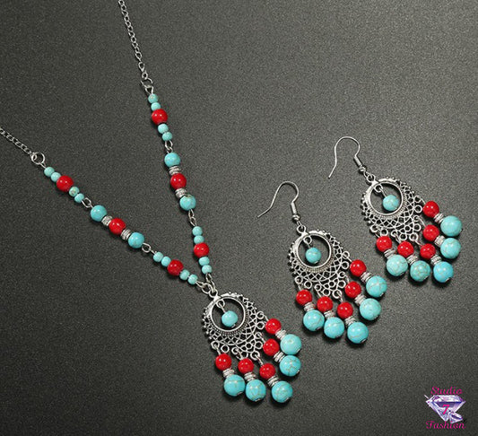 Turquoise/Red Filigree Beaded Necklace Earring Set