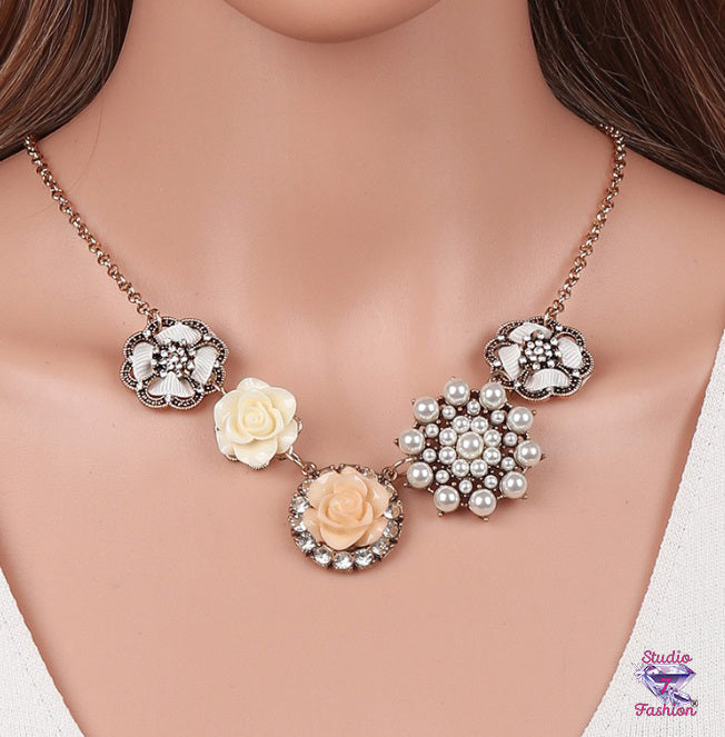 Romantically Vintage Roses/Pearls Statement Necklace