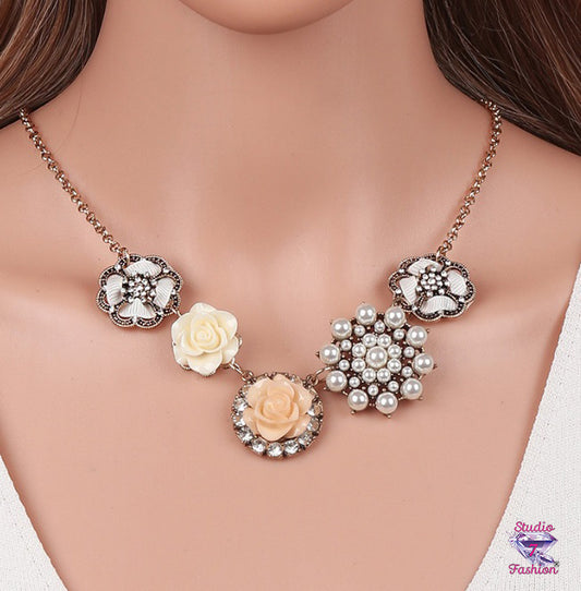 Romantically Vintage Roses/Pearls Statement Necklace