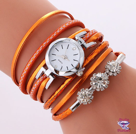 Metallic Orange Rhinestone Wrap Watch