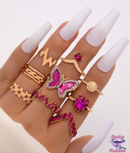 Magnificent Magenta/Gold 9pc Knuckle Ring Set