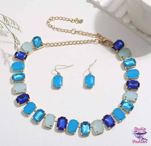 Beautiful Blue Statement Stone Necklace Earring Set