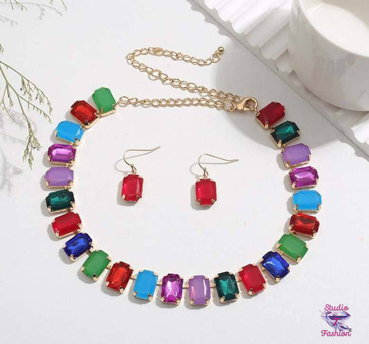 Multicolor Statement Stone Necklace Earring Set