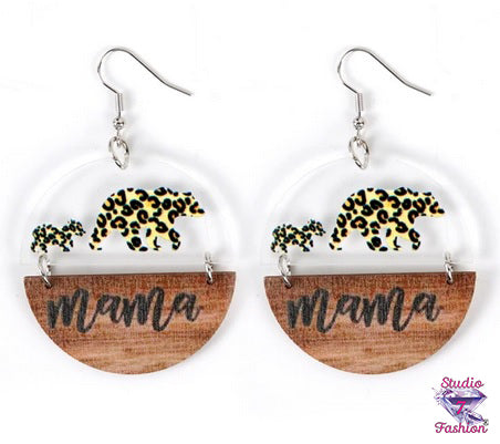 Mama Bear Acrylic/Wood Disc Earrings