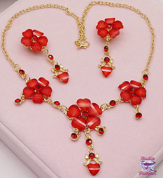 Ruby Floral Necklace Earring Set