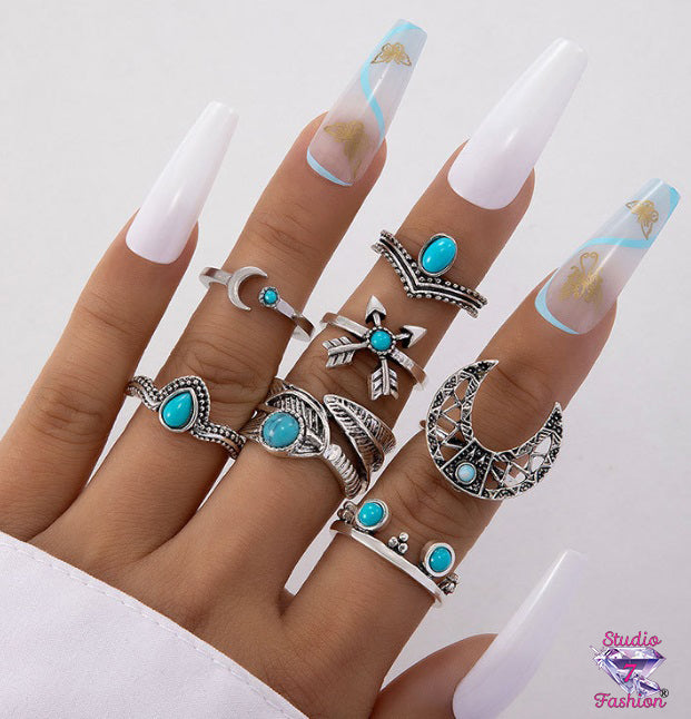 Southwest Style Turquoise Knuckle Ring Set