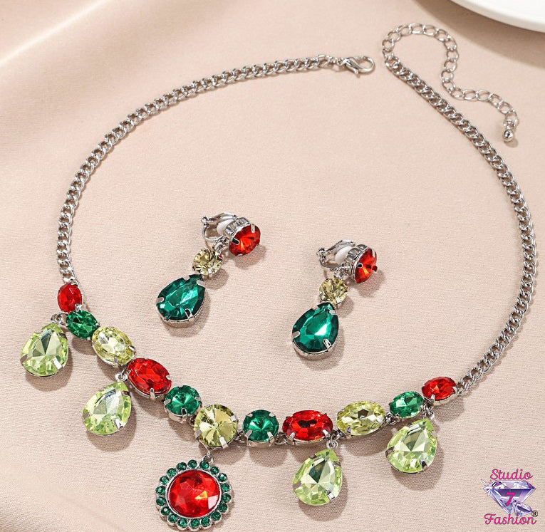 Festive Reds/Greens Gemstone Necklace Earring Set