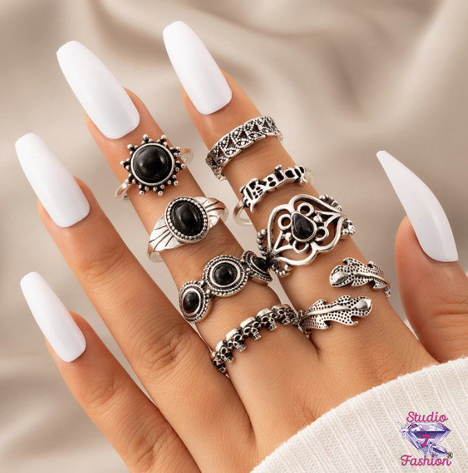 Vintage Ebony Geometrical Knuckle Ring Set