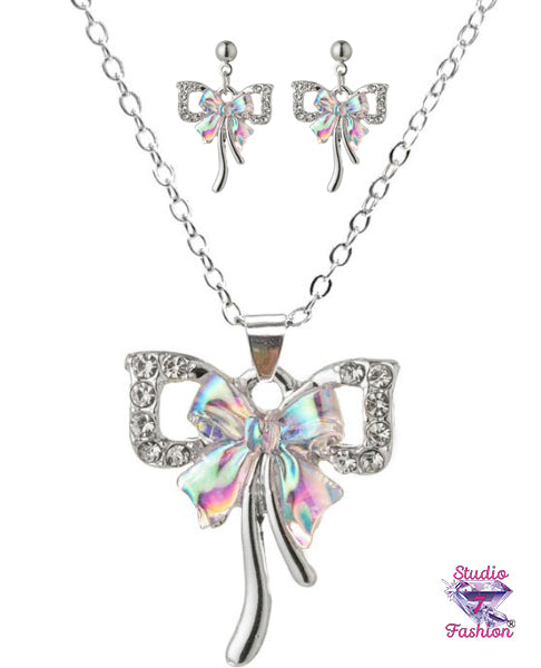 Iridescent Bows Necklace Earring Set