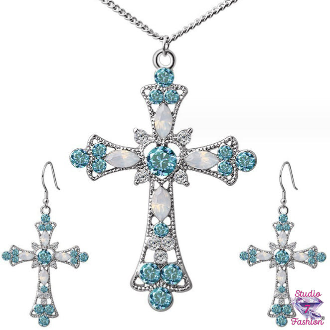 Pastel Blue Rhinestone Cross Necklace Earring Set