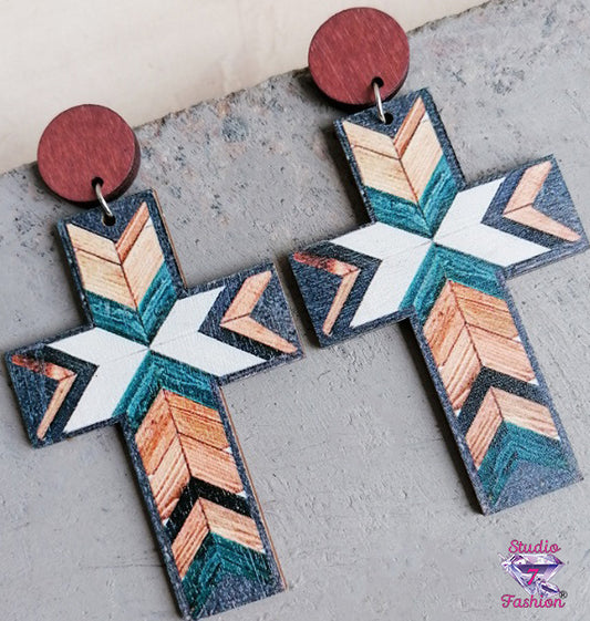 Artistic Style Wooden Cross Earrings