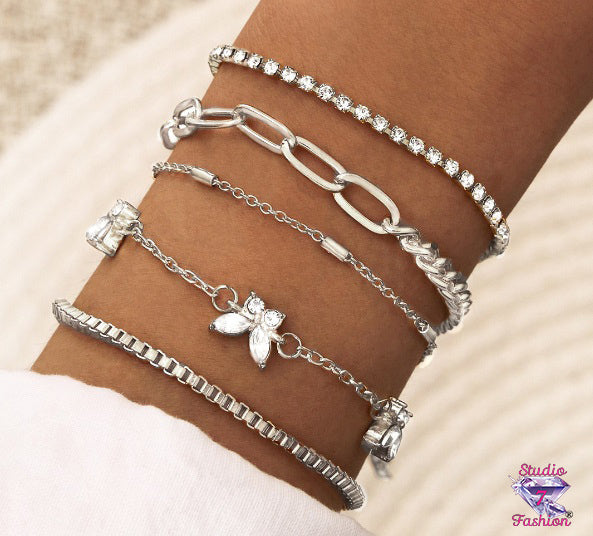 5 Piece Bracelet Set Butterfly Crystals