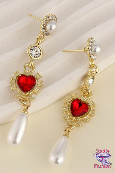 Heart Rhinestone And Pearl Earrings