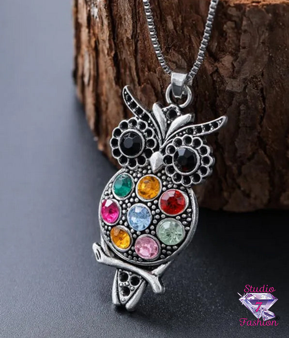 Multicolor Rhinestone Owl Necklace