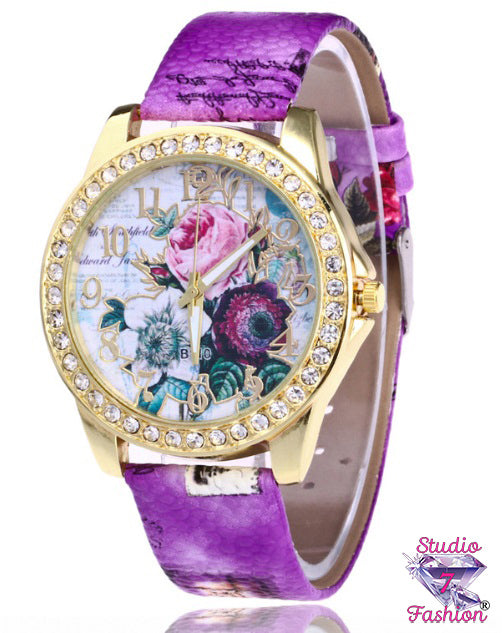 Purple Floral Rhinestone Watch