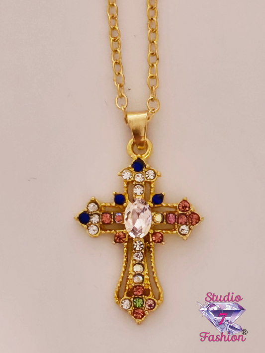 Colorful Rhinestone Gold Cross