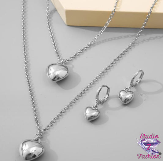 Silver Heart 3 PC Set Necklace Bracelet Earrings