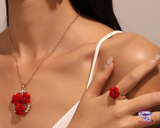 Blooming Rose Necklace Ring Set