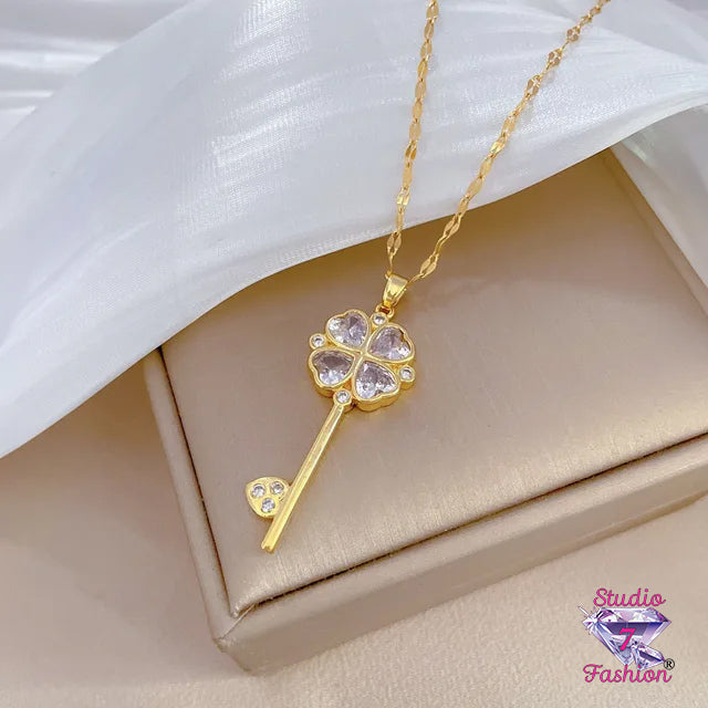 Rhinestone Clover Key Necklace