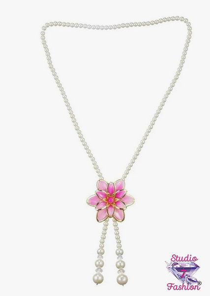 Fabulous Floral Lariat Pearl Necklace Pink