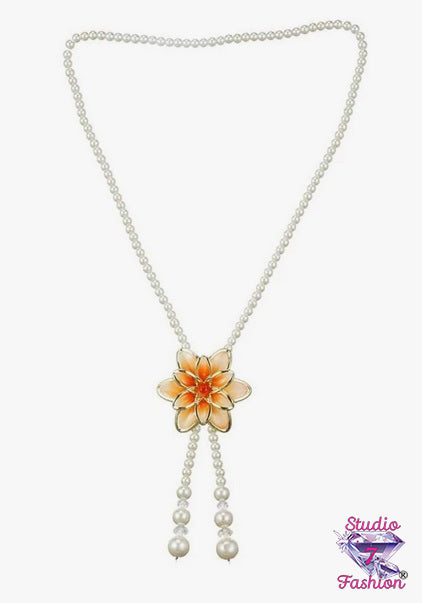 Fabulous Floral Lariat Pearl Necklace Orange