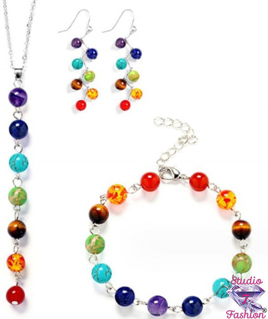 3-pc Multicolor Glass Beads Set Neckalce Bracelet Earrings