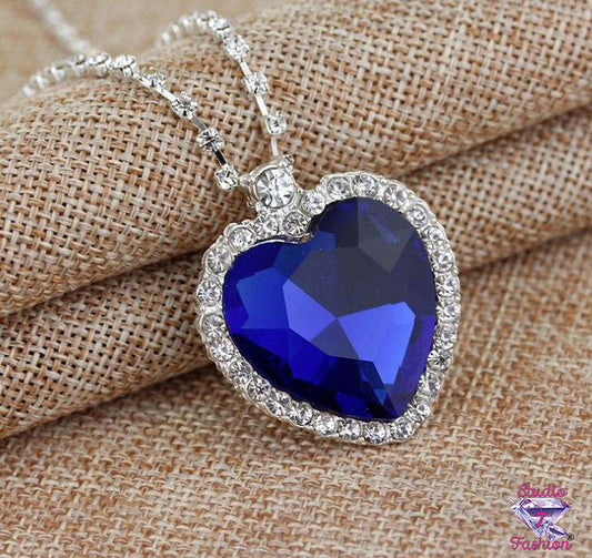 Sapphire Ocean and Rhinestone Heart Necklace