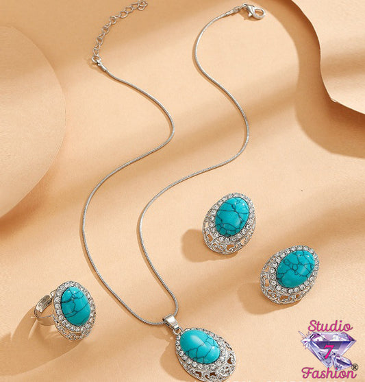 3pc Sparkle On Turquoise Statement Set