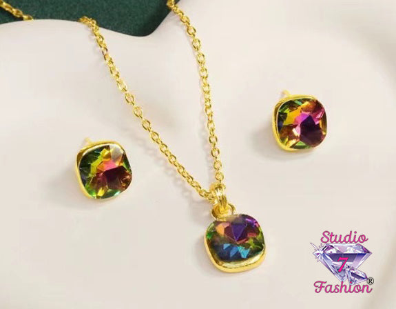 Deep Iridescent Gem Necklace Earring Set