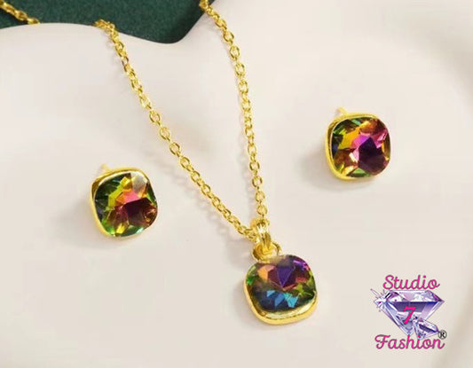 Deep Iridescent Gem Necklace Earring Set