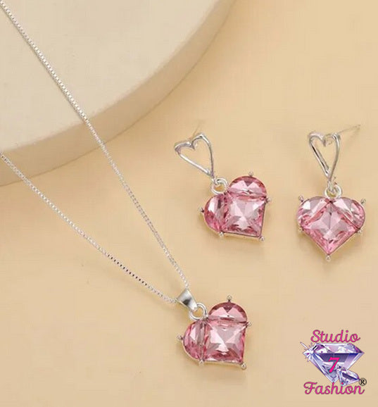 Princess Pink Heart Stone Necklace Earring Set