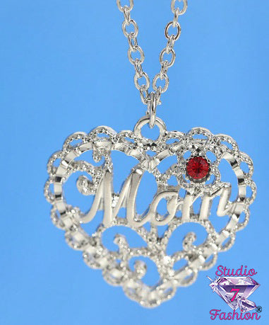 Ruby Rhinestone Artistic Heart Mom Necklace