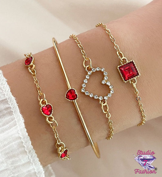 4 Piece Bracelet Set Hearts & Ruby Rhinestone